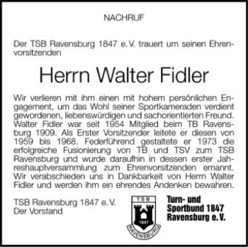 Anzeige von Walter Fidler von Schwäbische Zeitung