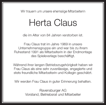 Anzeige von Herta Claus von Schwäbische Zeitung