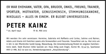 Anzeige von Peter Kainz von Schwäbische Zeitung