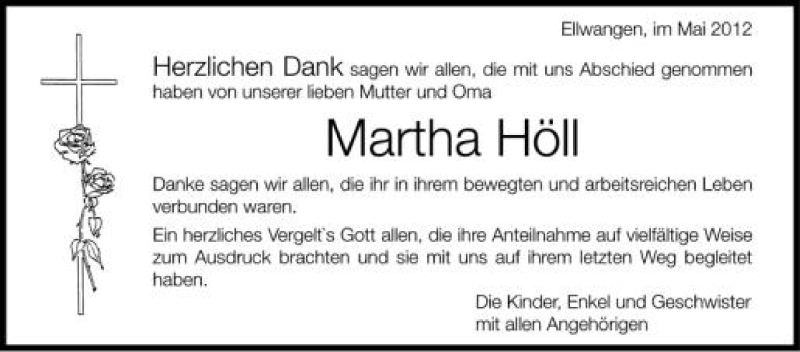  Traueranzeige für Martha Höll vom 22.05.2012 aus Schwäbische Zeitung