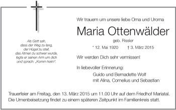 Anzeige von Maria Ottenwälder von Schwäbische Zeitung