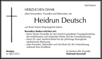Anzeige von Heidrun Deutsch von Schwäbische Zeitung