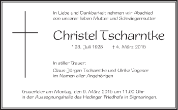 Anzeige von Christel Tscharntke von Schwäbische Zeitung