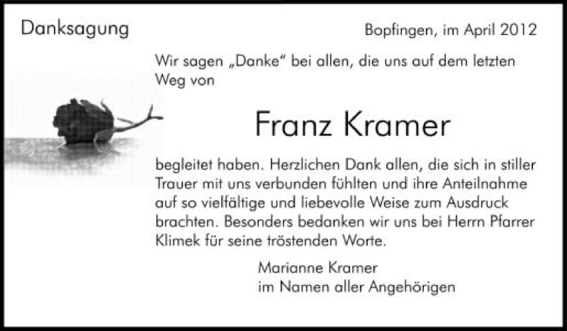  Traueranzeige für Franz Kramer vom 28.04.2012 aus Schwäbische Zeitung