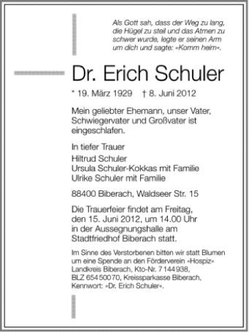 Anzeige von Erich Schuler von Schwäbische Zeitung