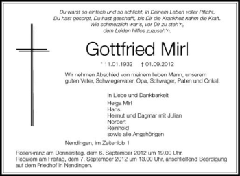 Anzeige von Gottfried Mirl von Schwäbische Zeitung