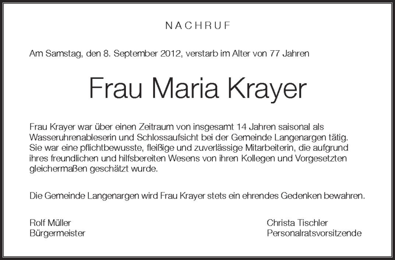  Traueranzeige für Maria Krayer vom 13.09.2012 aus Schwäbische Zeitung