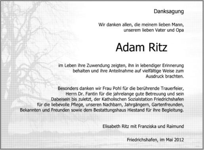  Traueranzeige für Adam Ritz vom 31.05.2012 aus Schwäbische Zeitung