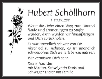 Anzeige von Hubert Schöllhorn von Schwäbische Zeitung