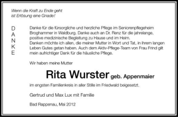 Anzeige von Rita Wurster von Schwäbische Zeitung