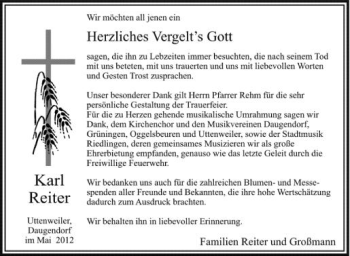 Anzeige von Karl Reiter von Schwäbische Zeitung