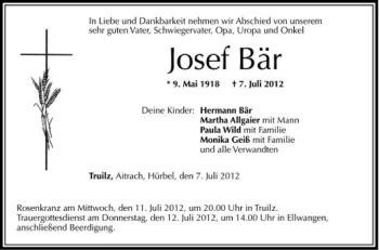 Anzeige von Josef Bär von Schwäbische Zeitung