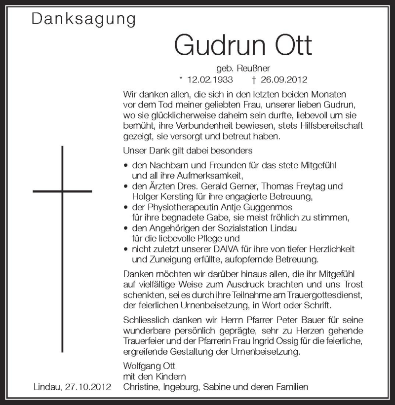  Traueranzeige für Gudrun Ott vom 27.10.2012 aus Schwäbische Zeitung
