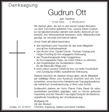 Anzeige von Gudrun Ott von Schwäbische Zeitung