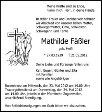Anzeige von Mathilde Fäßler von Schwäbische Zeitung