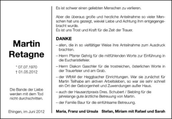 Anzeige von Martin Retagne von Schwäbische Zeitung