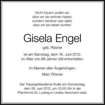 Anzeige von Gisela Engel von Schwäbische Zeitung