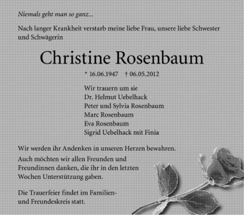  Traueranzeige für Christine Rosenbaum vom 09.05.2012 aus Schwäbische Zeitung
