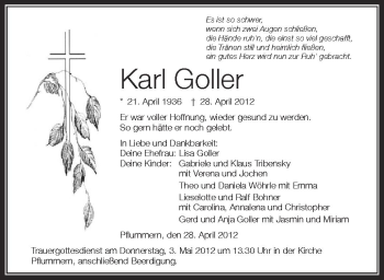 Anzeige von Karl Goller von Schwäbische Zeitung