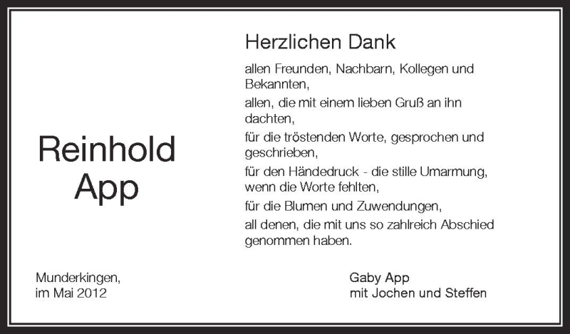  Traueranzeige für Reinhold App vom 18.05.2012 aus Schwäbische Zeitung