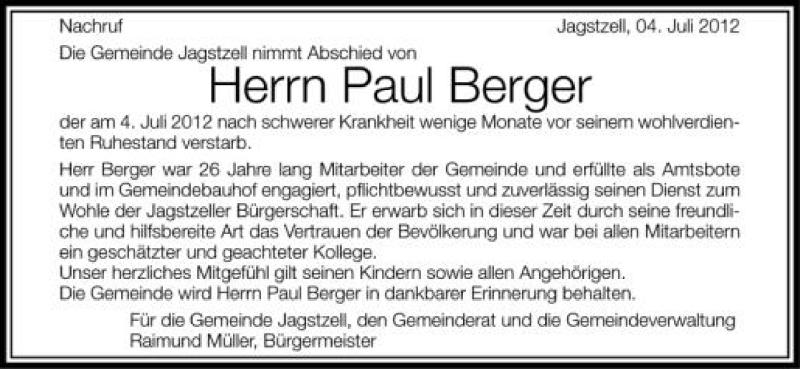  Traueranzeige für Paul Berger vom 05.07.2012 aus Schwäbische Zeitung