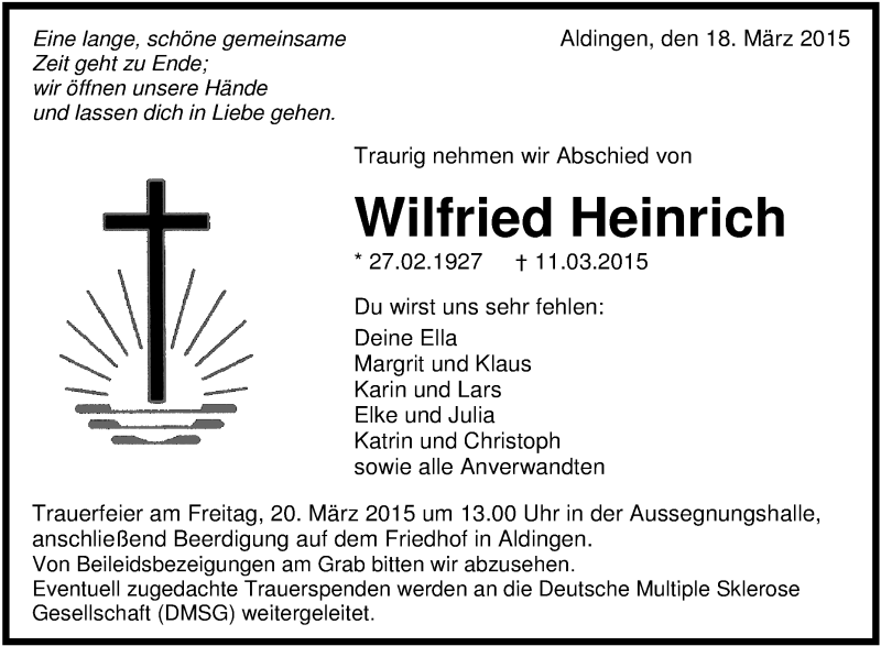  Traueranzeige für Wilfried Heinrich vom 18.03.2015 aus Schwäbische Zeitung