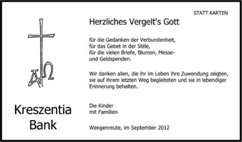  Traueranzeige für Kreszentia Bank vom 14.09.2012 aus Schwäbische Zeitung
