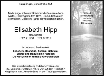 Anzeige von Elisabeth Hipp von Schwäbische Zeitung