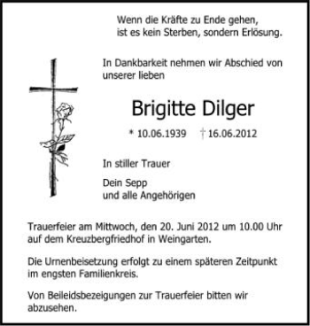 Anzeige von Brigitte Dilger von Schwäbische Zeitung
