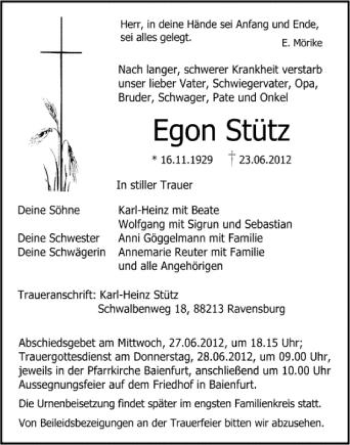 Anzeige von Egon Stütz von Schwäbische Zeitung