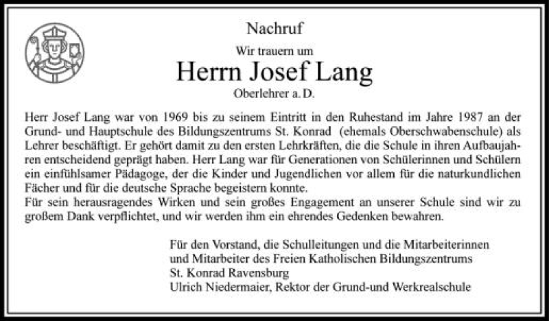  Traueranzeige für Josef Lang vom 04.07.2012 aus Schwäbische Zeitung