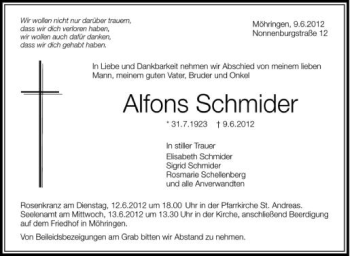 Anzeige von Alfons Schmider von Schwäbische Zeitung