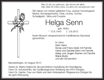 Anzeige von Helga Senn von Schwäbische Zeitung