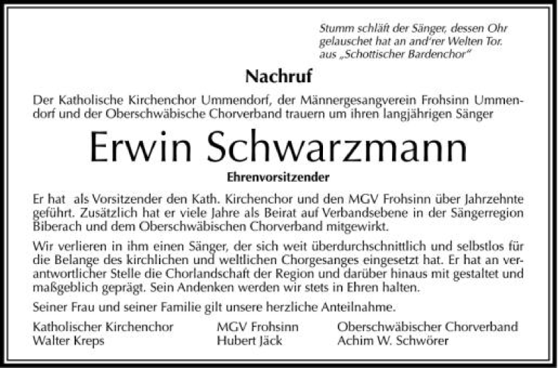  Traueranzeige für Erwin Schwarzmann vom 06.06.2012 aus Schwäbische Zeitung