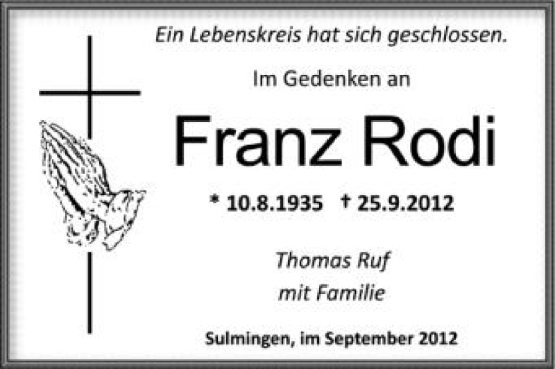  Traueranzeige für Franz Rodi vom 29.09.2012 aus Schwäbische Zeitung