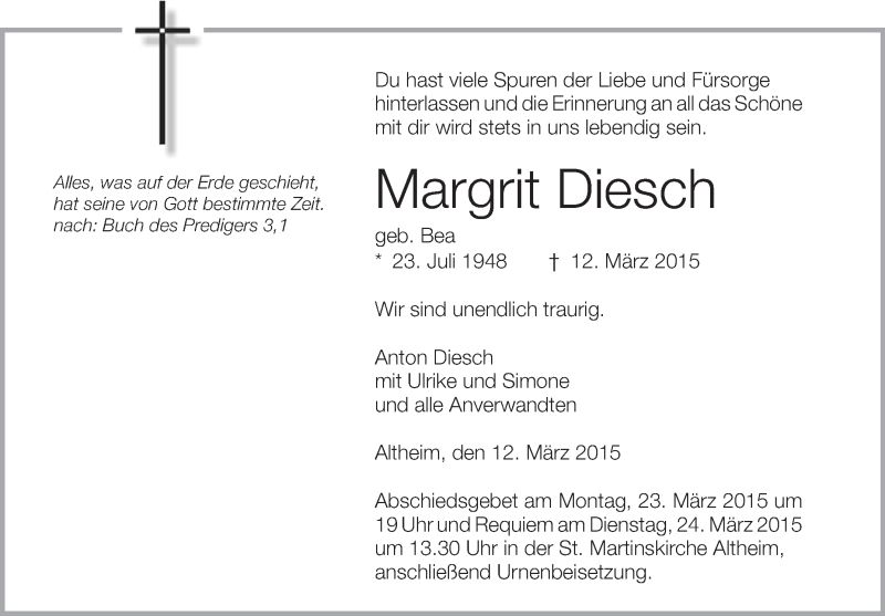 Traueranzeige für Margrit Diesch vom 21.03.2015 aus Schwäbische Zeitung