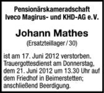 Anzeige von Johann Mathes von Schwäbische Zeitung