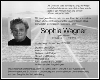 Anzeige von Sophia Wagner von Schwäbische Zeitung