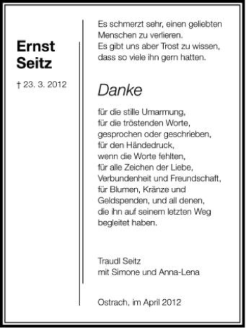 Anzeige von Ernst Seitz von Schwäbische Zeitung