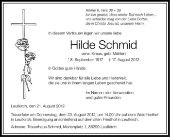 Anzeige von Hilde Schmid von Schwäbische Zeitung