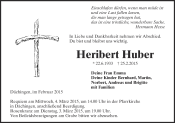 Anzeige von Heribert Huber von Schwäbische Zeitung