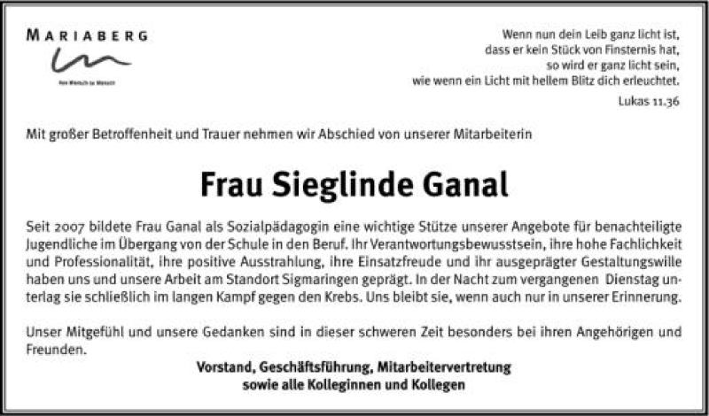  Traueranzeige für Sieglinde Ganal vom 07.07.2012 aus Schwäbische Zeitung