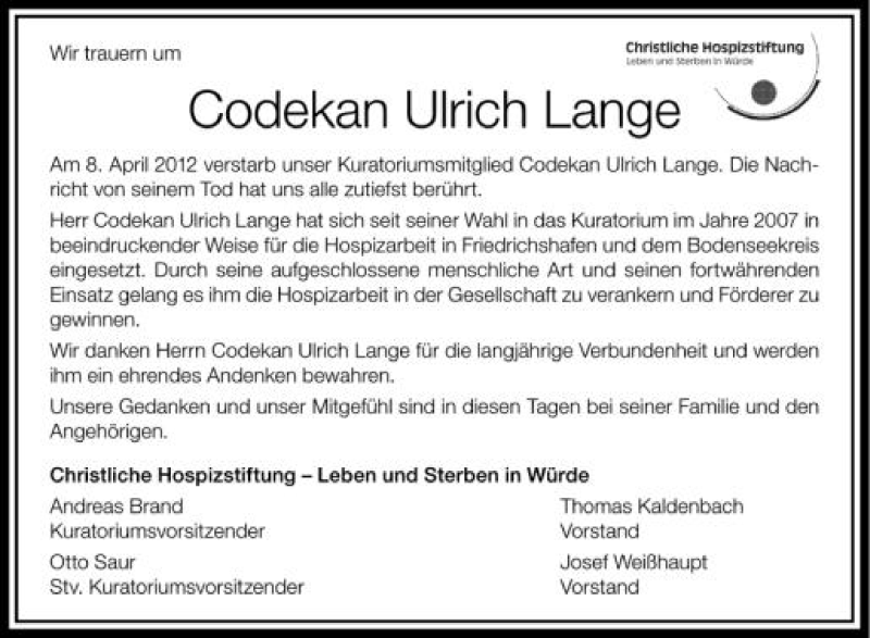  Traueranzeige für Codekan Ulrich Lange vom 13.04.2012 aus Schwäbische Zeitung