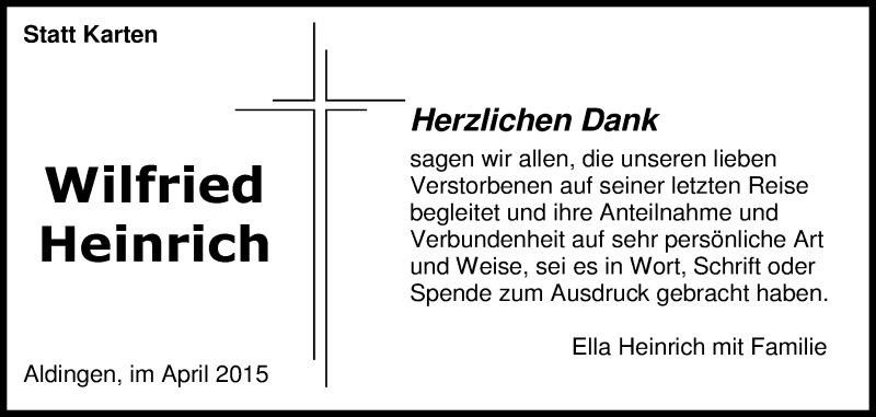  Traueranzeige für Wilfried Heinrich vom 04.04.2015 aus Schwäbische Zeitung