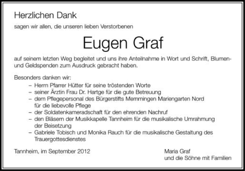  Traueranzeige für Eugen Graf vom 15.09.2012 aus Schwäbische Zeitung