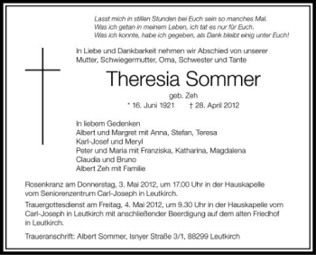 Anzeige von Theresia Sommer von Schwäbische Zeitung