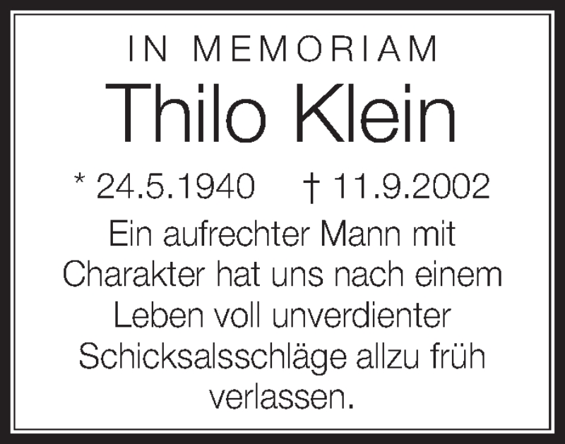  Traueranzeige für Thilo Klein vom 11.09.2015 aus Schwäbische Zeitung