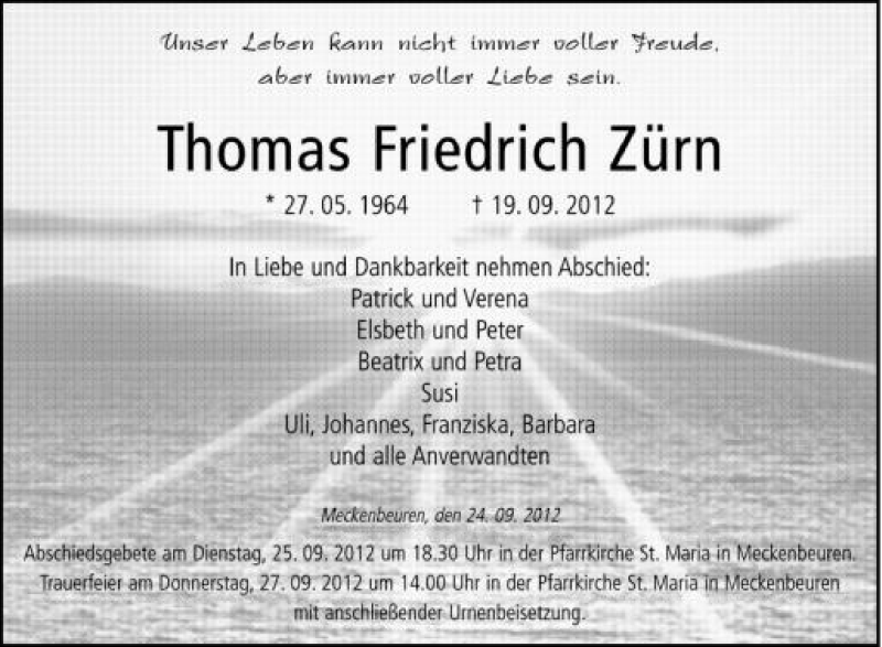  Traueranzeige für Thomas Friedrich Zürn vom 24.09.2012 aus Schwäbische Zeitung