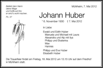 Anzeige von Johann Huber von Schwäbische Zeitung
