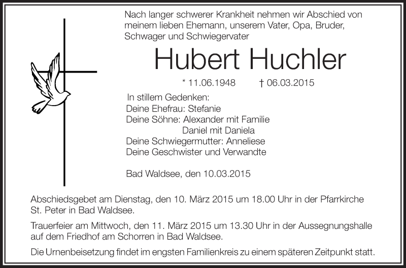  Traueranzeige für Hubert Huchler vom 10.03.2015 aus Schwäbische Zeitung